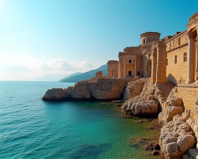 Resti archeologici romani sulla costa tirrenica con mare calmo sullo sfondo